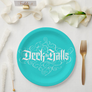 Deck the Halls Modern Christmas Aqua Blue Teal Paper Plate