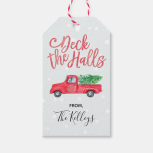 Deck the Halls Watercolor Retro Red Truck Gift Tags