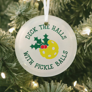 Deck The Halls With Pickle Balls Christmas Funny Glass Tree Decoration