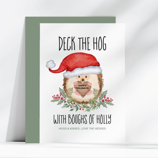 Deck the Hog Hedgehog Santa Holly Christmas Holiday Card (Creator Uploaded)