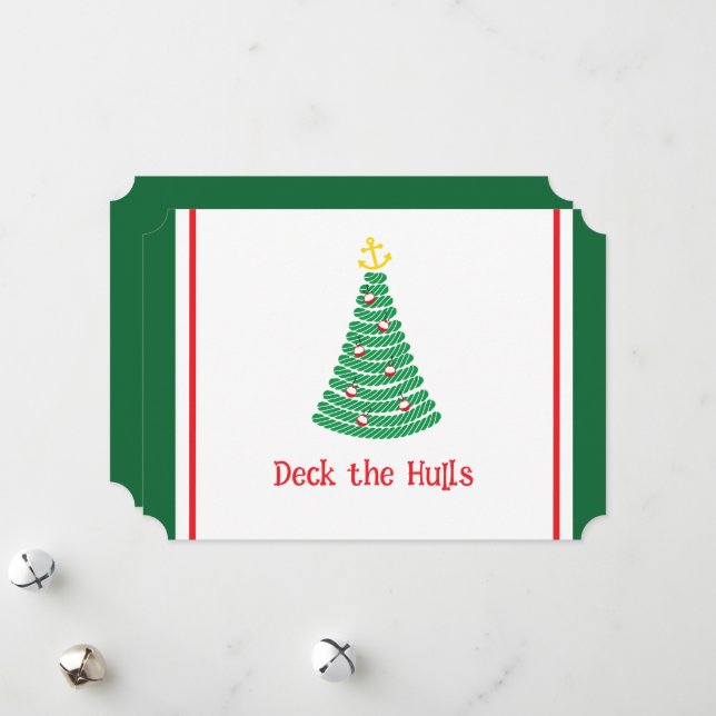 Deck the Hulls Nautical Pun Holiday Card White (Front/Back In Situ)