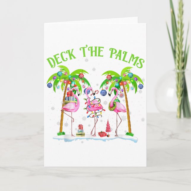 Deck The Palms Flamingo Tropical Christmas Lights  Card (Front)