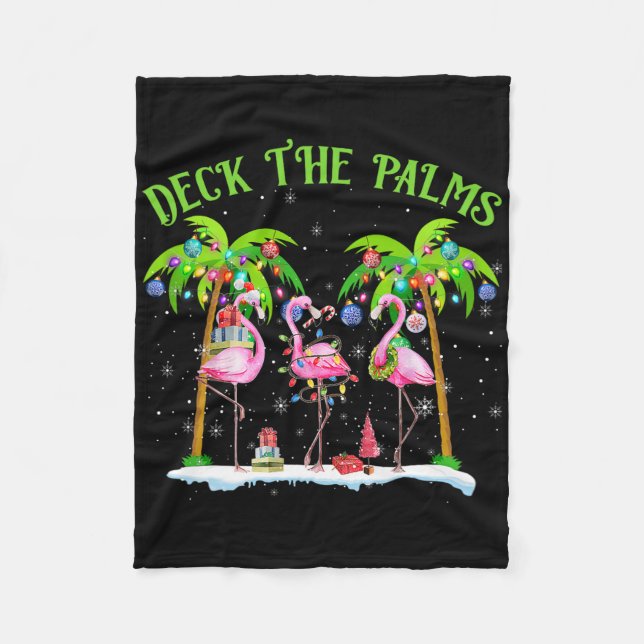 Deck The Palms Flamingo Tropical Christmas Lights  Fleece Blanket (Front)
