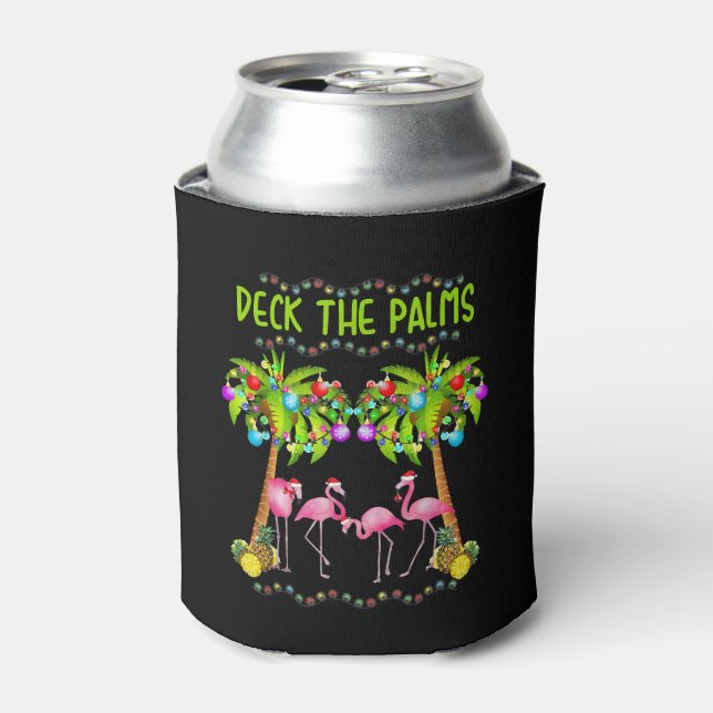 Deck the Palms Merry Flamingo Christmas tee funny Can Cooler (Can Front)