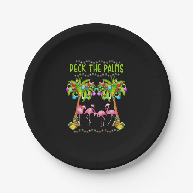 Deck the Palms Merry Flamingo Christmas tee funny Paper Plate (Front)