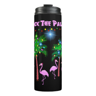 Deck The Palms Tropical Pink Flamingos Palm Tree Thermal Tumbler