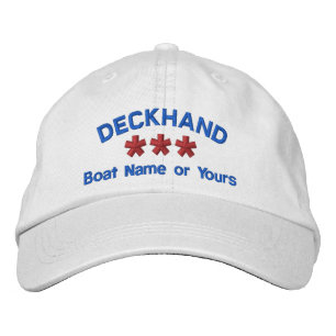DECKHAND Personalised Name Custom WHITE RED BLUE Embroidered Hat