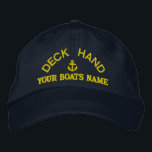 Deckhand yacht crew custom embroidered hat<br><div class="desc">Easily personalise this nautical themed sailing crew deckhand cap with an anchor motif with your sail or motor boats name, or change the text for another crew member. Click customise to adjust the text size, colour or style of embroidery font to match other colour of the hat. Visit the CUSTOMTHREADS...</div>