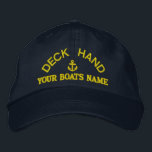 Deckhand yacht crew custom embroidered hat<br><div class="desc">Easily personalise this nautical themed sailing crew deckhand cap with an anchor motif with your sail or motor boats name, or change the text for another crew member. Click customise to adjust the text size, colour or style of embroidery font to match other colour of the hat. Visit the CUSTOMTHREADS...</div>