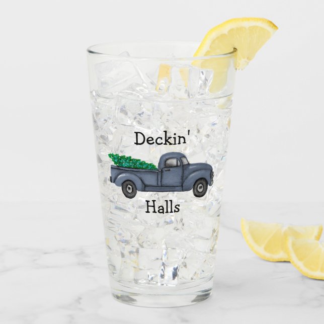 Deckin Halls Blue Christmas Truck Drinking Glass (Back Ice)