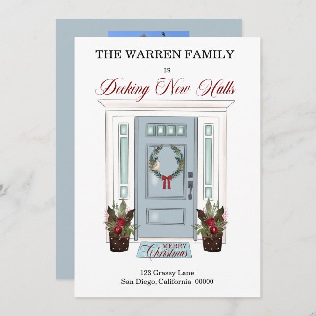 Decking New Halls Blue Door Christmas Photo Moving Announcement (Front/Back)