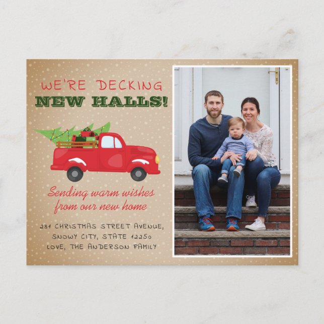 Decking New Halls Christmas Photo Holiday Moving Announcement Postcard (Front)