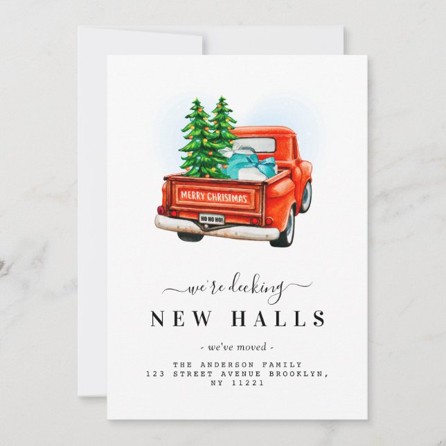 DECKING NEW HALLS |  christmas truck moving Holiday Card (Front)