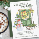 Decking New Halls Festive Christmas Door Moving Announcement<br><div class="desc">We're Decking New Halls 2 in 1 Christmas card and moving announcement. Festive christmas front door, decorated with holly wreath and garland. The scene is set with cosy home elements including glowing lantern, christmas tree, snowman and sledge. It is lettered with "We're Decking new halls" and the rest of the...</div>