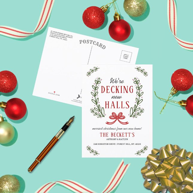 Decking New Halls | Modern Wreath Moving Holiday Announcement Postcard (Creator Uploaded)