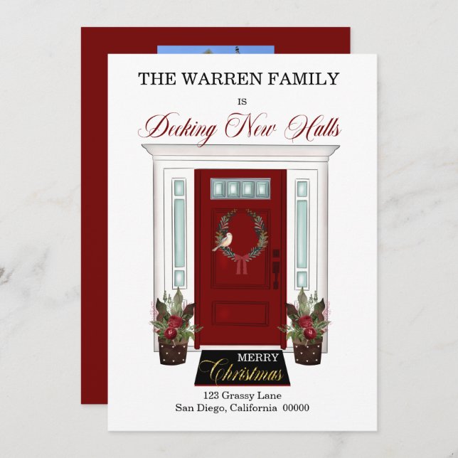 Decking New Halls Red Door Christmas Photo Moving Announcement (Front/Back)