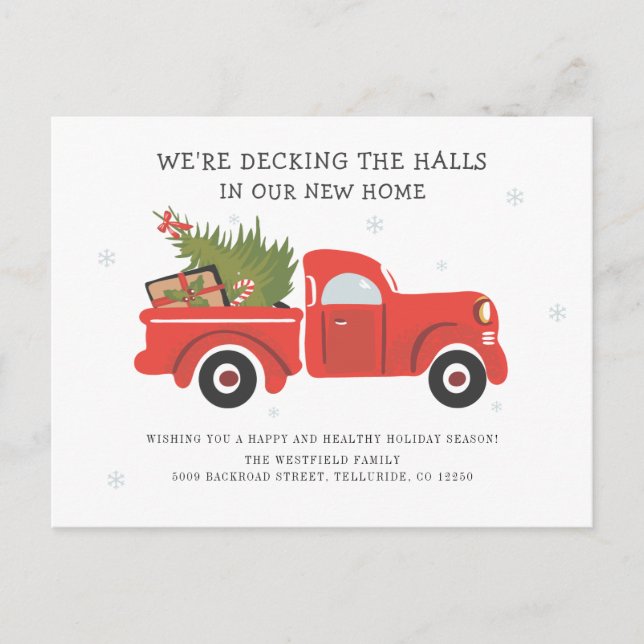 Decking New Halls Red Truck Christmas Moving Announcement Postcard (Front)
