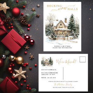 Decking New Halls Rustic New Home Christmas Moving Announcement Postcard