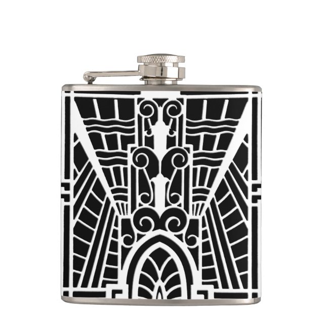Deco Architectural Pattern, Black and White Hip Flask (Front)