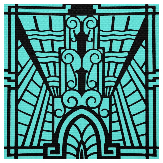 Deco Architectural Pattern, Turquoise and Black Fabric (Swatch)