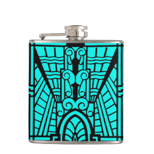 Deco Architectural Pattern, Turquoise and Black Hip Flask