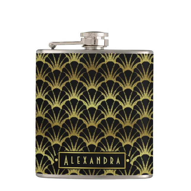 Deco Black Gold Scallop Shells Fan Custom Hip Flask (Front)
