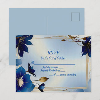 Deco blue flowers wedding RSVP Postcard