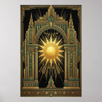 Deco Celestial Sun Portal Poster | Gold Teal Cathe