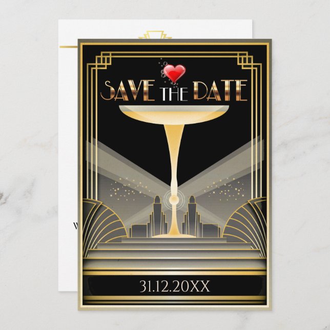 Deco Champagne Save The Date Invitation (Front/Back)
