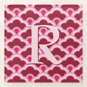 Deco Chinese Scallops, Burgundy Wine and Pink Glass Coaster
