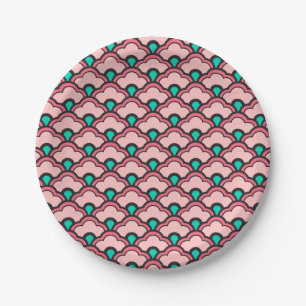 Deco Chinese Scallops, Coral Pink and Turquoise Paper Plate