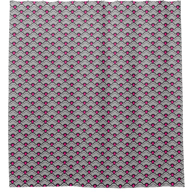 Deco Chinese Scallops, Grey / Grey, Black and Pink Shower Curtain (Front)