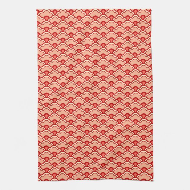 Deco Chinese Scallops, Peach, Rust and Cream Tea Towel (Vertical)