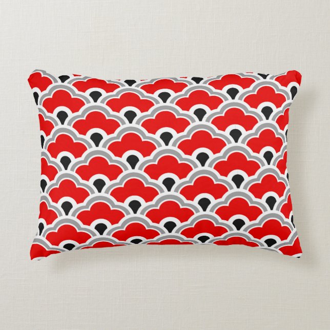 Deco Chinese Scallops, Red, Grey, Black and White Decorative Cushion (Front)