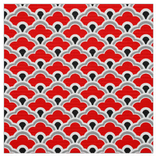Deco Chinese Scallops, Red, Grey, Black and White Fabric