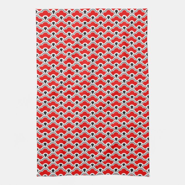Deco Chinese Scallops, Red, Grey, Black and White Tea Towel (Vertical)