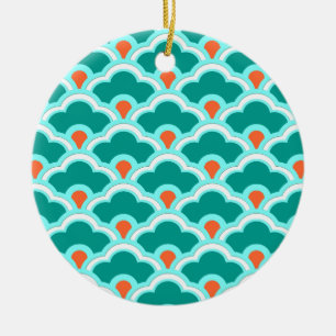 Deco Chinese Scallops, Teal, Aqua and Coral Ceramic Tree Decoration