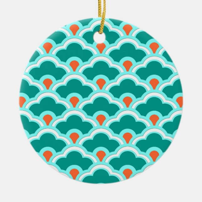 Deco Chinese Scallops, Teal, Aqua and Coral Ceramic Tree Decoration (Front)