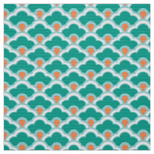 Deco Chinese Scallops, Teal, Aqua and Coral Fabric