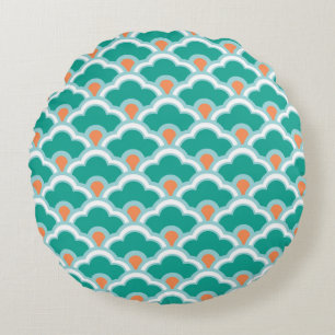 Deco Chinese Scallops, Teal, Aqua and Coral Round Cushion