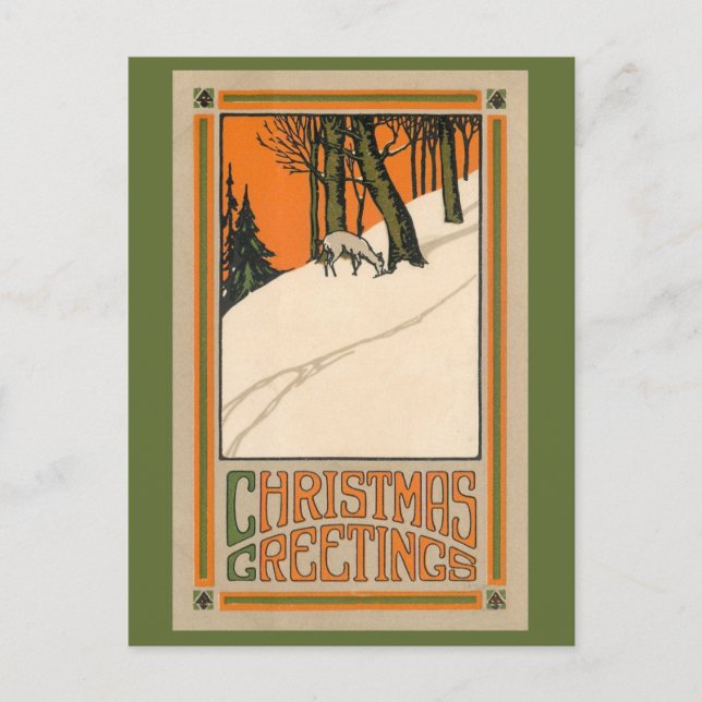 Deco Christmas postcard with deer, snow and trees (Front)