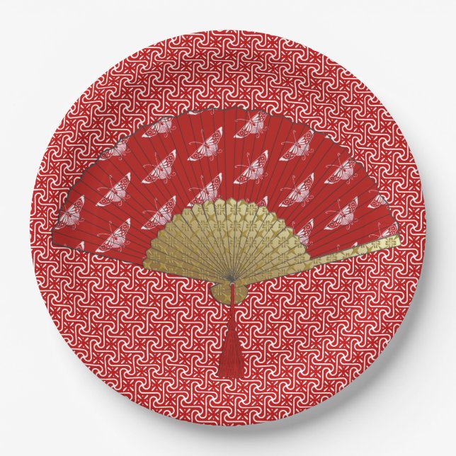 Deco Fan -  Butterflies, Dark Red and White Paper Plate (Front)