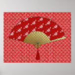 Deco Fan -  Butterflies, Dark Red and White Poster<br><div class="desc">An Art Deco Japanese fan art print in a reproduction of a stylised Art Deco butterfly wallpaper pattern - white on dark Chinese red,  with an embossed gold base and a coordinating deco patterned background</div>