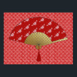 Deco Fan -  Butterflies, Dark Red and White Poster<br><div class="desc">An Art Deco Japanese fan art print in a reproduction of a stylised Art Deco butterfly wallpaper pattern - white on dark Chinese red,  with an embossed gold base and a coordinating deco patterned background</div>
