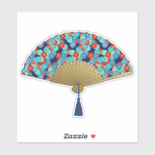 Deco Fan -  Flowers in Cobalt, Turquoise and Red