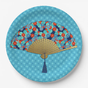 Deco Fan -  Flowers in Cobalt, Turquoise and Red Paper Plate