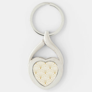 Deco Fan Pattern In Gold And White Key Ring