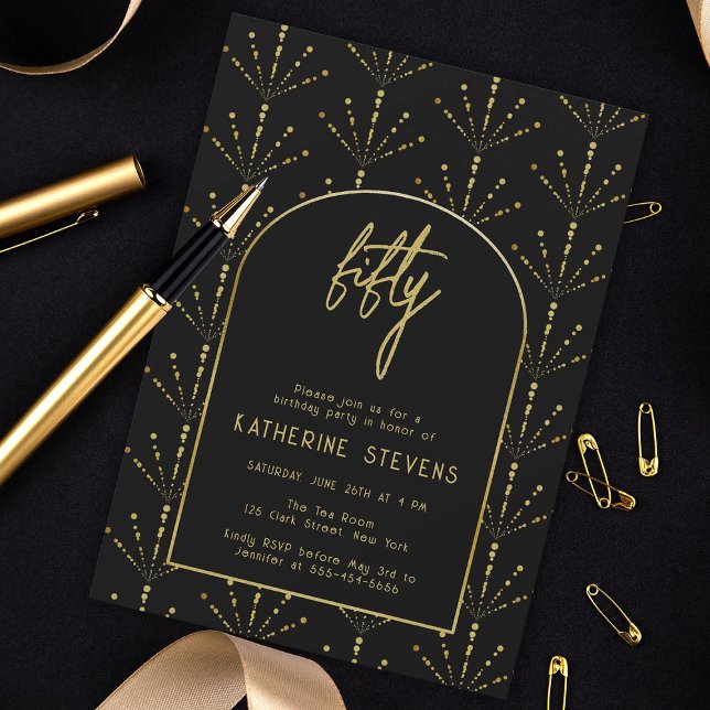 Deco Fans Fireworks Gold Boho Frame 50th Birthday Invitation (art deco gatsby 50th birthday invitation women black gold fan flowers fireworks geometric elegant)