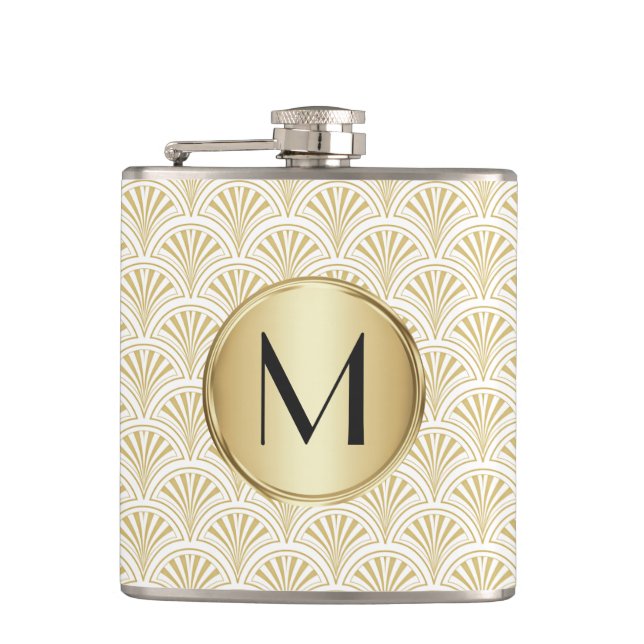Deco Fans Pattern Monogram Hip Flask (Front)