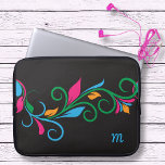 Deco Floral Monogram Laptop Sleeve<br><div class="desc">This colourful laptop or tablet sleeve bag is ready for your own monogram. Created in a bold colourful swirled leaf border pattern with bright splashes of colour on black. Just edit your monogram letter. Your choice of several sizes.</div>